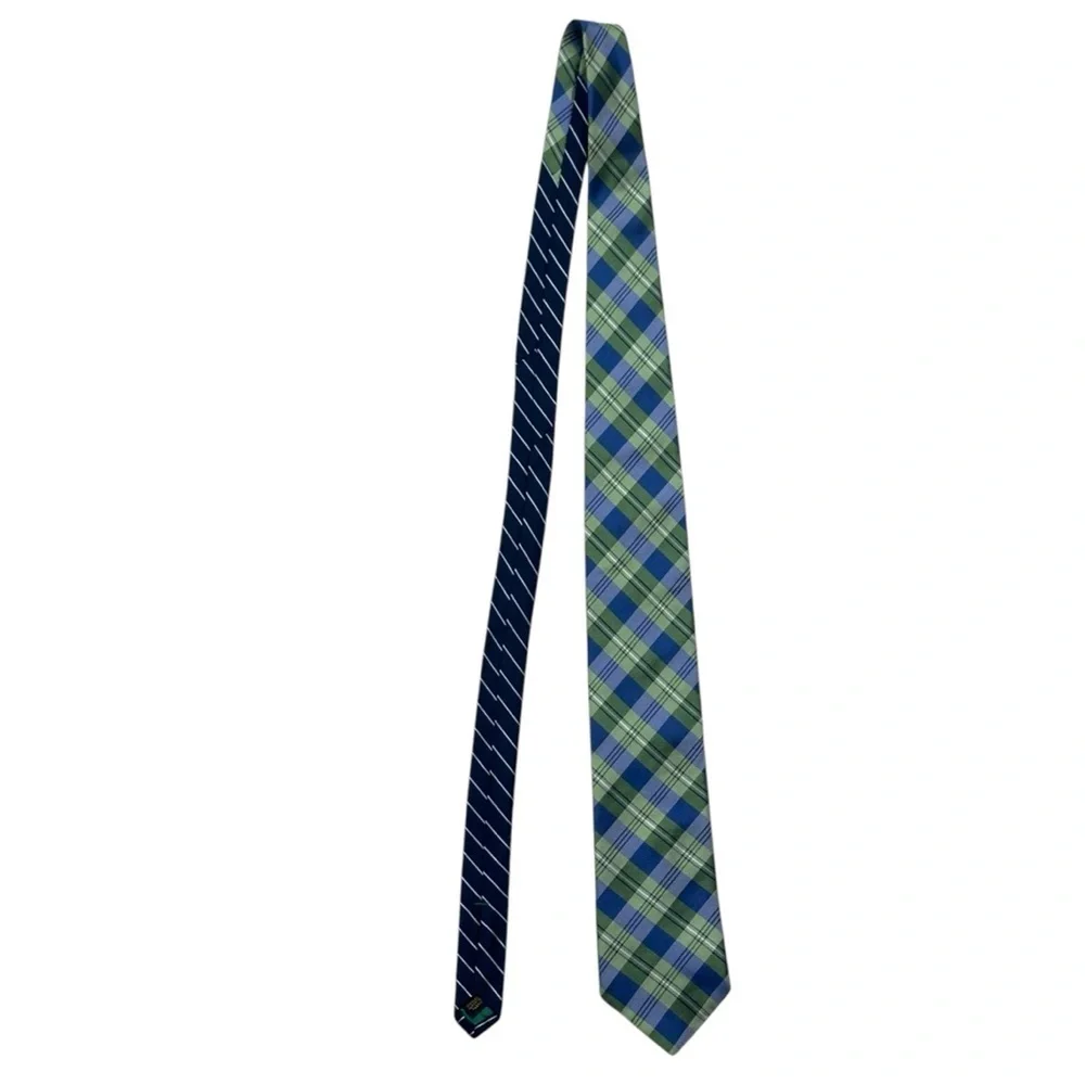 Tommy Hilfiger 100% Silk Patternblock Tie Blue/Green Plaid & Navy/White Stripe